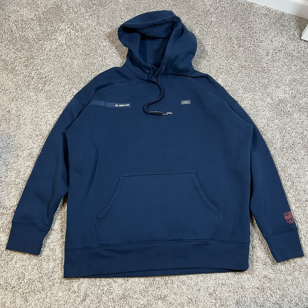 FIGS Team USA Hoodie Sweatshirt L Blue Red White USA Spellout Pocket Cotton Poly